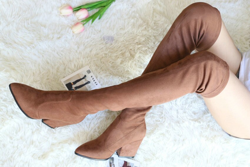 QUTAA 2020 femmes sur le genou bottes hautes compensées talons chaussures d'hiver bout pointu Sexy tissu élastique femmes bottes taille 34-43