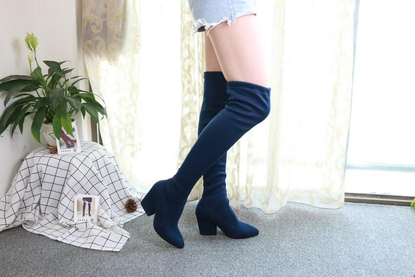 QUTAA 2020 femmes sur le genou bottes hautes compensées talons chaussures d'hiver bout pointu Sexy tissu élastique femmes bottes taille 34-43