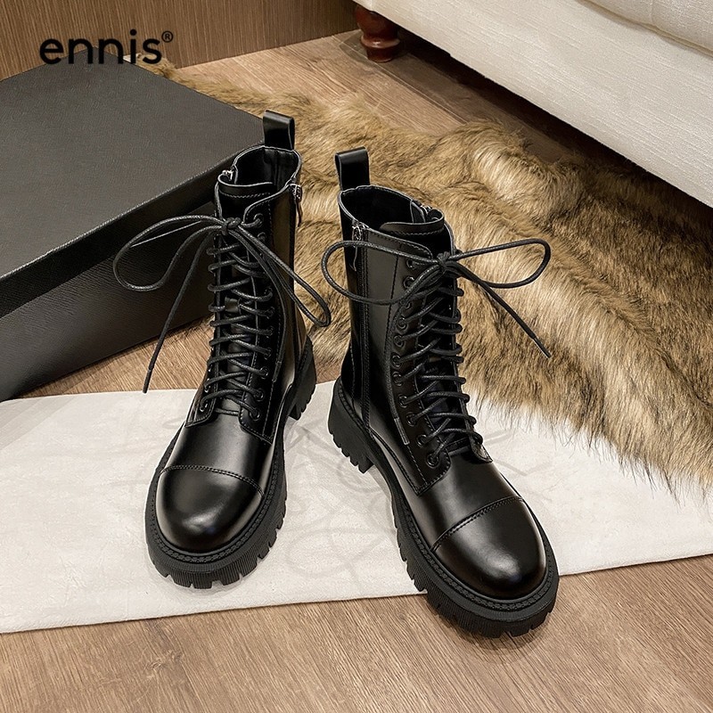 ENNIS noir Martin bottes femmes en cuir véritable chaussures plate-forme grosses bottes à lacets bottines hiver automne chaussures zippées A0269