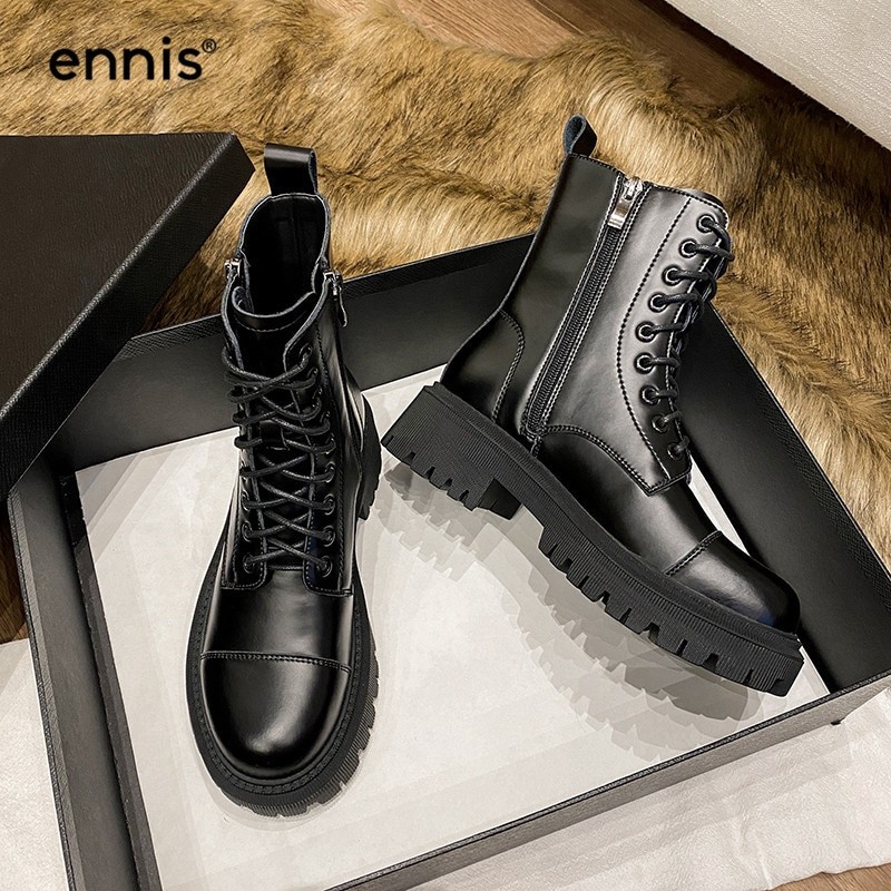 ENNIS noir Martin bottes femmes en cuir véritable chaussures plate-forme grosses bottes à lacets bottines hiver automne chaussures zippées A0269