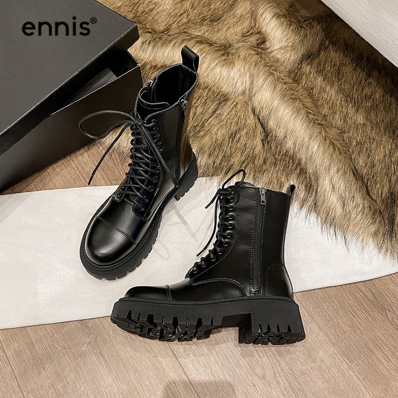 ENNIS noir Martin bottes femmes en cuir véritable chaussures plate-forme grosses bottes à lacets bottines hiver automne chaussures zippées A0269