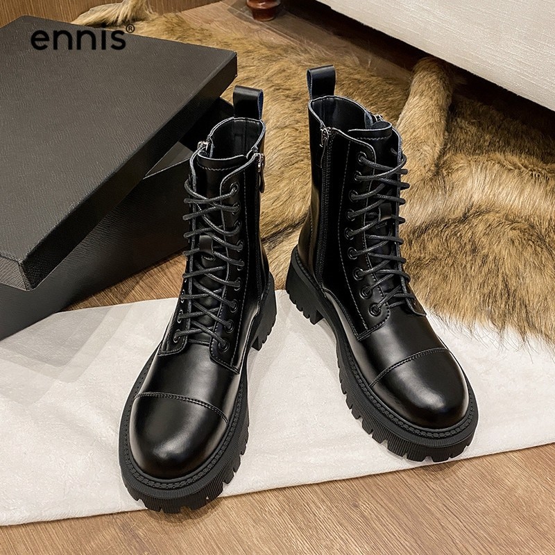 ENNIS noir Martin bottes femmes en cuir véritable chaussures plate-forme grosses bottes à lacets bottines hiver automne chaussures zippées A0269