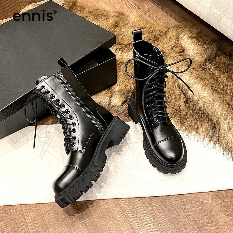 ENNIS noir Martin bottes femmes en cuir véritable chaussures plate-forme grosses bottes à lacets bottines hiver automne chaussures zippées A0269