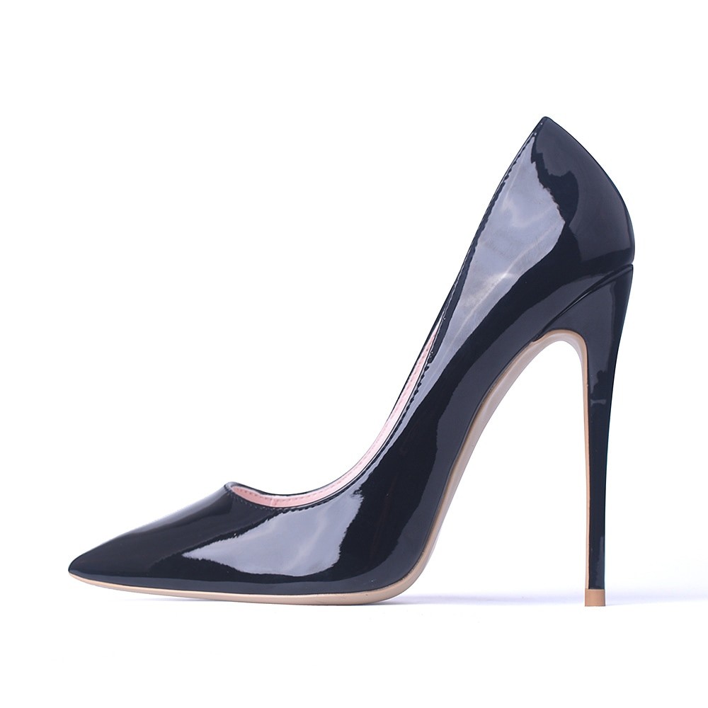 GENSHUO-escarpins à talons hauts pour femmes, chaussures en cuir verni noir, à bout pointu, Sexy, grandes tailles 11 12