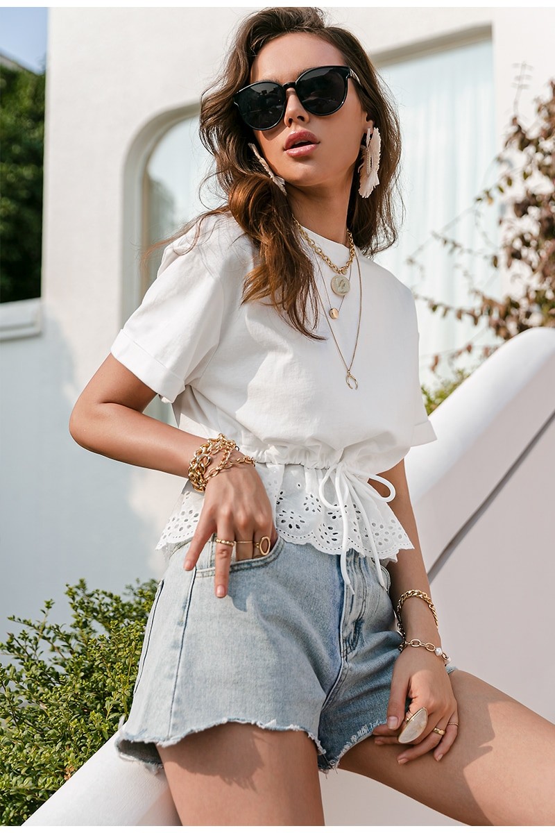 Simplee – t-shirt à manches courtes et col rond, avec cordon de serrage, décontracté, blanc, élégant, vacances, été