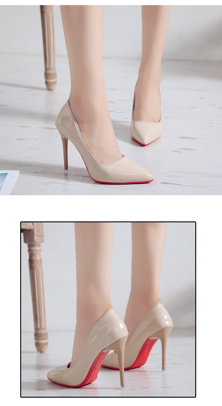 Talons hauts Sexy à la mode de 10cm en cuir verni, chaussures à semelle rouge pour femmes, chaussures simples couleur chair et Banquet de mariage